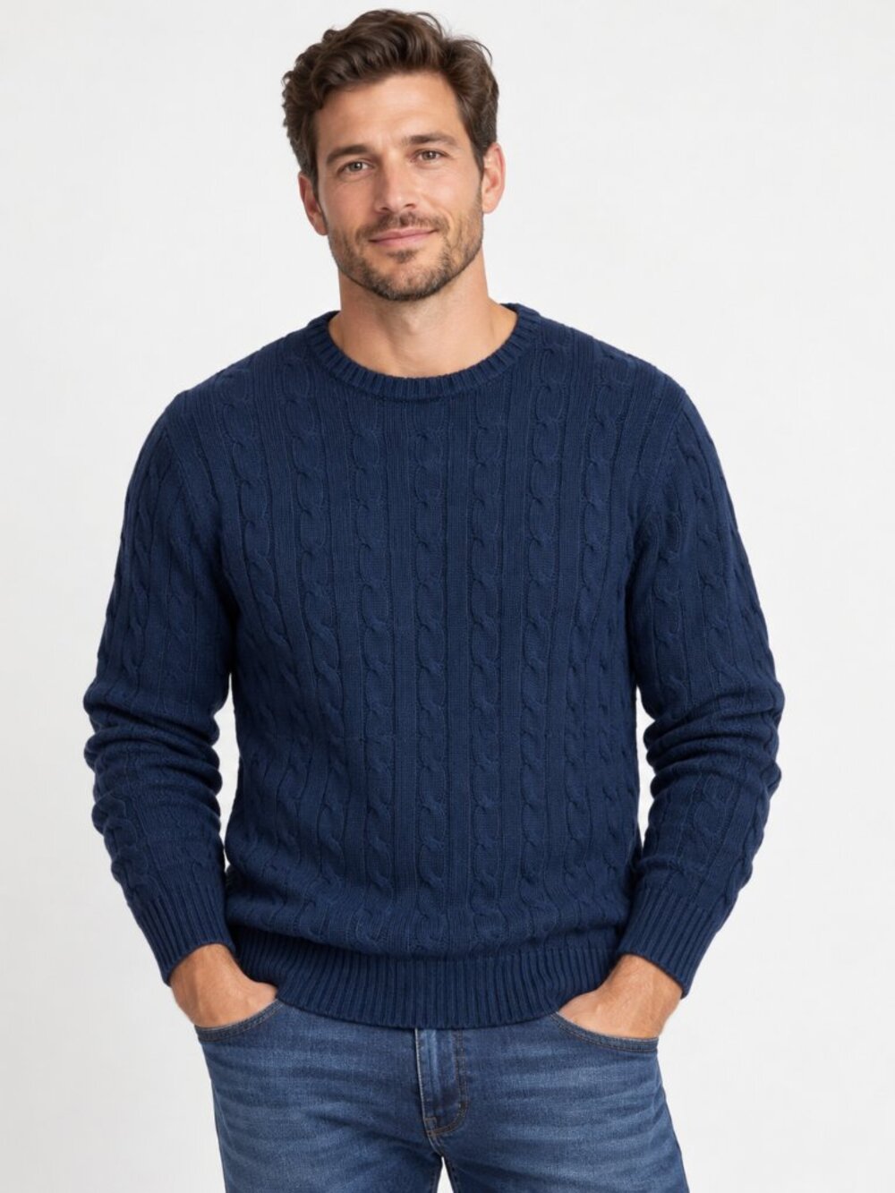 Denver Hayes Men’s Medium Navy Blue Cable Knit Crewneck Sweater